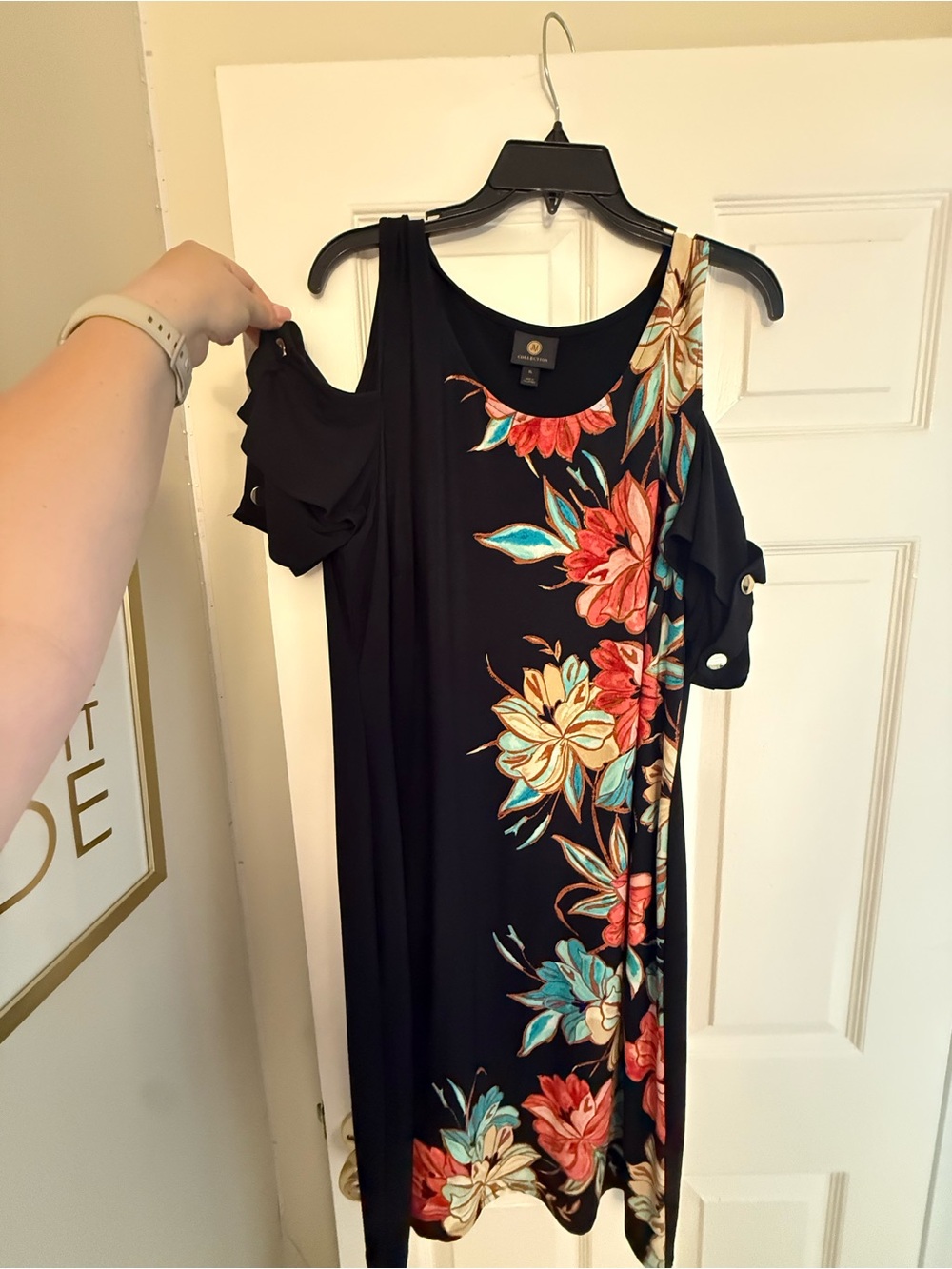 JM Collection Black One-Shoulder Floral Dress with Coral & Teal Blooms